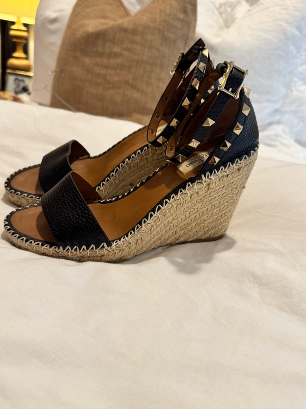 Valentino Garavani Black Leather Studded Espadrille Wedge Sandals